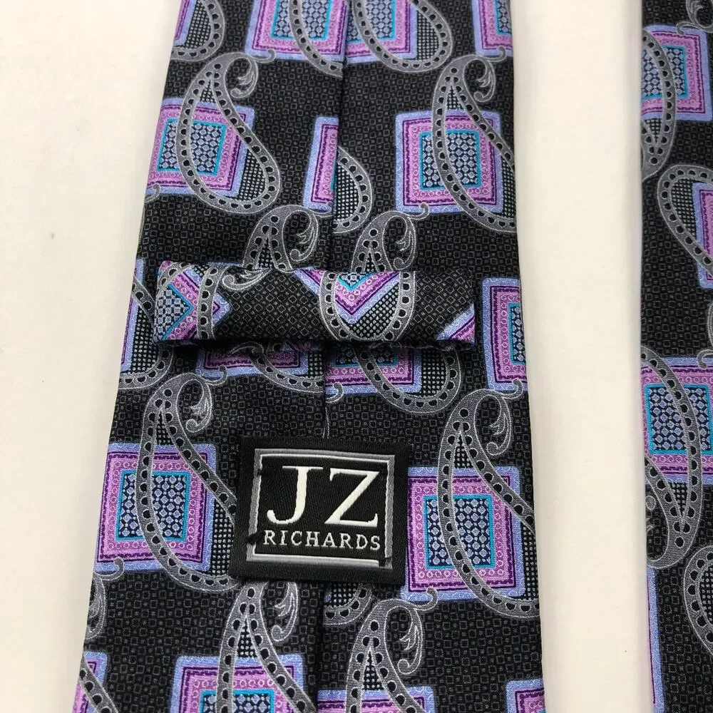 JZ Richards 100% Silk Neck Tie Men’s Geometric Paisley Black Purple 57-in X 3